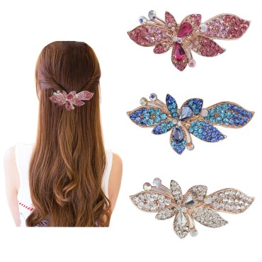 Crystal Hair Claw Clip, 3pcs Rhinestone Hair Clips French Hair Barrettes Spring Clip Bridal Wedding Formal Event Jewelry Accessory for Women and Girl (Pink,Blue,Clear)