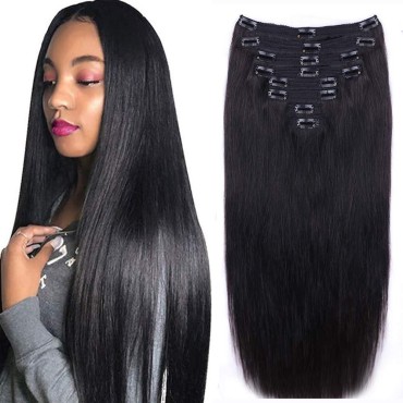 Straight Human Hair Clip in Hair Extensions for Black Women 100% Unprocessed Full Head Brazilian Virgin Hair Natural Black Color,8/Pcs with 18Clips,120 Gram (20inch, Straight hair)