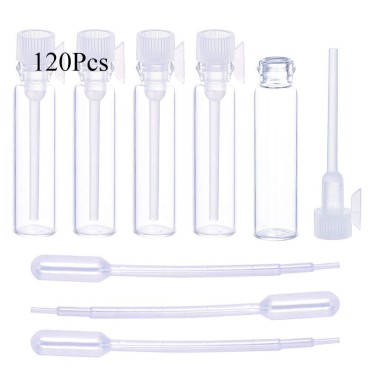 120Pcs 1Ml Mini Cute Empty Glass Perfume Essential Oils Sample Vials with White Plastic Rod Caps Glass Vials Sample Dropper Bottle for Essential Oils Aromatherapy (120Pcs 1Ml White Plastic Rod)