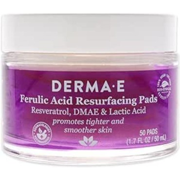 DERMA E Ferulic Acid Resurfacing Pads - Gently Exfoliating Wipes for Facial Radiance - Deeply Cleansing Skin Resurfacing and Clarifying Pads, 1.7 Fl Oz (50 Pads)