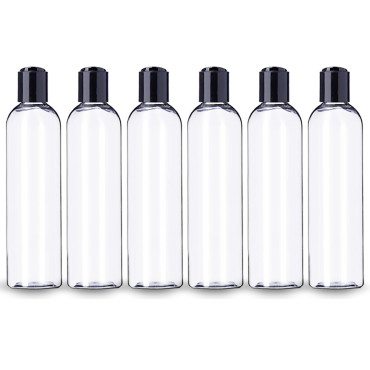 ljdeals 8 oz Clear Plastic Empty Bottles with Black Disc Top Caps, Refillable Containers for Shampoo, Lotions, Cream and More Pack of 6, BPA Free, Made in USA