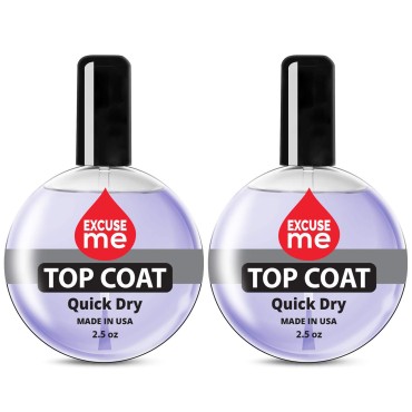 2 Bottles Excuse Me Quick Dry Fast Drying Super Shiny Nail Polish Top Coat Professional Refill Size 2.5 oz.