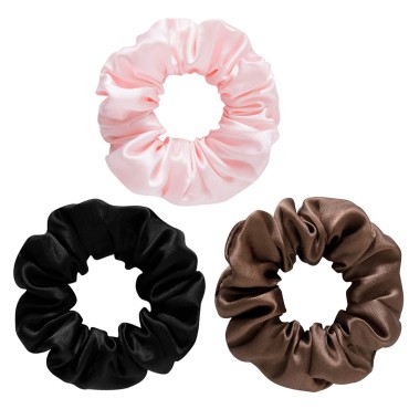 SOBONNY Silk Scrunchies for Women 100% Mulberry Silk Hair Ties 3pack Silk Hair Scrunchies for Hair Sleep No Damage Elastic Hair Accessories Ponytail Holders(Brown, Black, Pink)
