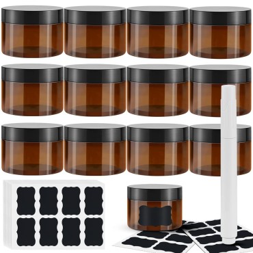 WYKOO 12 Pack 4oz Amber Plastic Jars with Lids and Labels, Refillable Empty Round Containers Storage Jars for Cosmetic, Lotions, Kitchen, Arts, Crafts Supplies