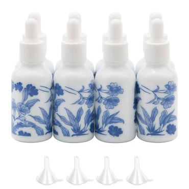 Newzoll 8Pcs 30ml (1oz) Dropper Vials Ceramic Perfume Bottles Empty Dropper Bottles Containers Jars for Essential Oils Cosmetic Liquid, Dropping Bottles with 4 Funnels