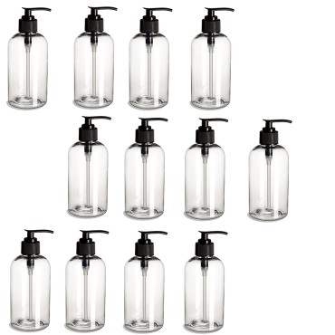 Natural Farms 12 pack- 8 oz Clear PET Boston Round Plastic Bottle with Black Pump