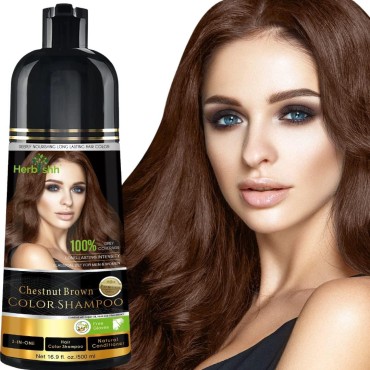 Hair Color Shampoo for Gray Hair - Magic Hair Dye Shampoo - Colors Hair in Minutes-Long Lasting-500 Ml-3-In-1 Hair Color-Ammonia-Free | Herbishh (Chestnut Brown)
