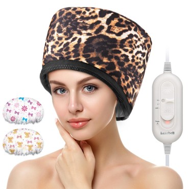 Hair Steamer Deep Conditioning Heat Cap Adjustable Hair Care Heating Cap with Intelligent Protection, Sturdy Material, and 2 Reusable Shower Caps, Gifts for Women (Leopard)