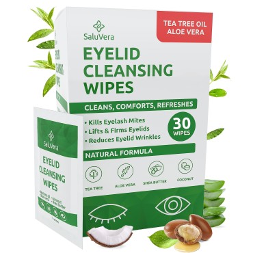 SaluVera Eyelid Wipes with Tea Tree and Aloe Vera | Eye Lid Cleaning Wipes for Dry and Itchy Eyes Relief | Natural Ingredients Eyelid Scrub for Daily Usage - Pack of 30