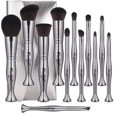 Oneleaf Standing Makeup Brushes Premium Synthetic Foundation Powder Concealers Eye Shadows Makeup 12 Pcs Brush Set, Silver