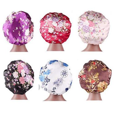 6 Pieces Large Printed Satin Bonnet Sleeping Caps Soft Elastic Wide Band for Women Hair Loss, Natural Curly Hair Braids (Printed 6pack)