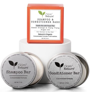 /liv/ Nature Shampoo Bar and Conditioner Set with Travel Case | For Dry Hair | Sweet Orange & Ylang Ylang & Argan Oil | Natural | Vegan | Eco Friendly Gift | Travel Essentials | USA (2-pack)