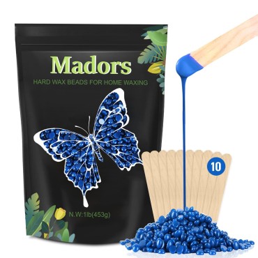 Hard Wax Beads for Hair Removal - Madors 1lb/16oz Wax Beans Kit with 10 Wax applicator Sticks for Full Body, Facial, Brazilian Bikin,and legs