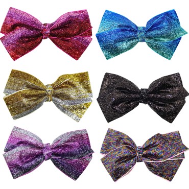 FROG SAC 6 Glitter Hair Bows for Girls, Cute Sparkly Bow For Kids, Little Girl Hair Accessories, Large 5 Inches Shimmering Child Bow Barrette Pack, Big Girls Party Favors