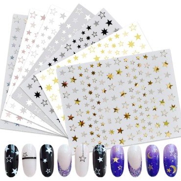 EOOTO Star Nail Art Stickers 7 Sheets 3D Self-Adhesive Nail Art Decals Holographic Laser Nail Art Supplies Nail Slider Stars Stickers Glitter Shiny DIY Decoration Design Manicure Tips