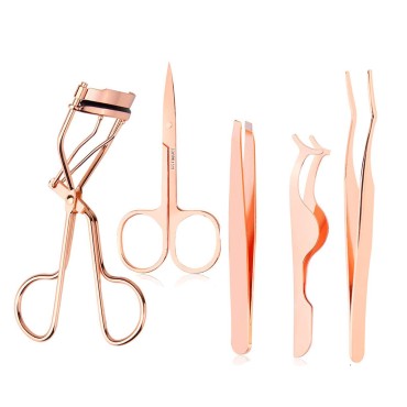 Arroyner 5 Pieces Eyelash Applicator Tool False Eyelashes Applicator Eyebrow Curler Eyebrow Scissors (Rose Golden)