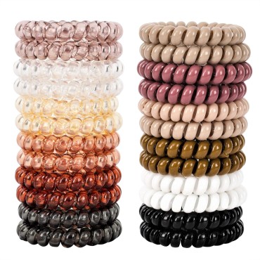 79STYLE Spiral Hair Ties 24pcs No Crease Clear Brown Coil Hair Ties Spiral Ponytail Holders Coils Scrunchies Plastic Phone Cord Hair Bands for Women Girls (Neutral Colors-Large Size)