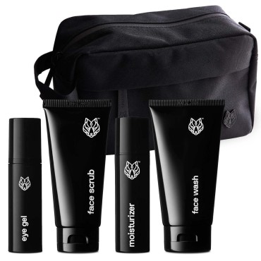 Black Wolf 5-Piece Facial Skincare Shower Gift Set for All Skin Types - Face Wash, Face Scrub, Moisturizer, Eye Gel, & Toiletry Bag - Charcoal Powder & Salicylic Acid for Skin Cleansing Mens Bath Set