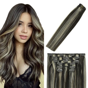 Clip In Hair Extensions Human Hair Dark Brown to Blonde Balayage Highlights for Brown Remy Hair 18Inch 70g #2P613 7PCS