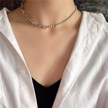 Xerling Eboys Egirls Silver Stitching Link and Beads Chain Necklace Chunky Choker Punk Hip Hop Unisex Jewelry for Men Women