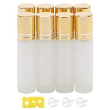 Newzoll 8Pcs Glass Roll on Bottles 10ml (1/3oz) Pearl White Essential Oil Roller Bottles Vials Rolling Bottles Container for Skincare Cosmetics Aromatherapy Perfume, Gold Cap
