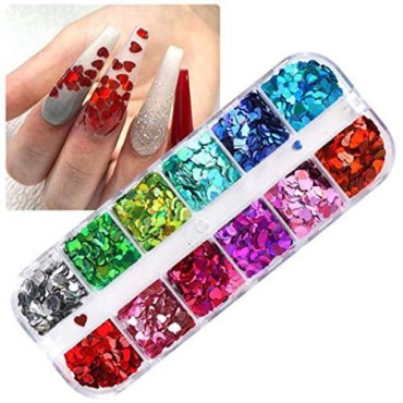 Nail Sequins, Heart-Shaped Ultra-Thin Colorful Glitter Sticker,12 Colors 3D Sequins for Nail Art Decoration, Paillette Cosmetic Festival Glitter, Craft or Face Hair Decor
