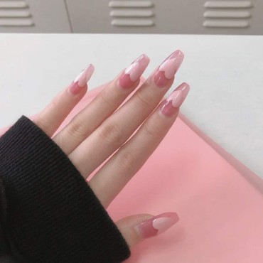 Xerling Fancy Glossy Full Cover Soft Pink Heart Coffin Acrylic Fake Nails Tips Cute for Women and Girls Baby Pink Party Salon Press on Acrylic False Nails with Design 24Pcs