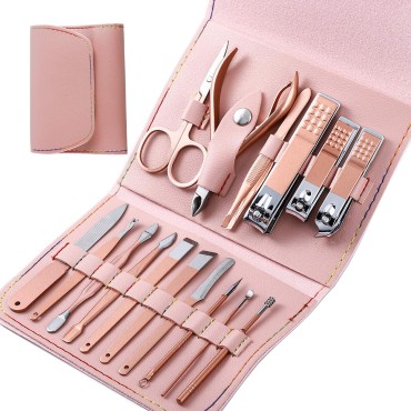 XMOSNZ Manicure Set 16 in 1 Stainless Steel Nail Clipper Kit Professional Grooming Kits Face Hand Foot Skin Care and Nail Care Tools with Leather Travel Case (16,Pink)