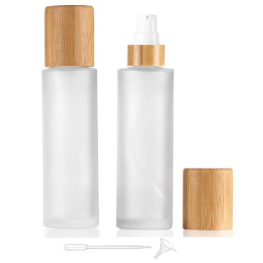 Frosted Glass Lotion Bottle,2 Pack Cosmetic Cream Bottles With Bamboo Lid Empty Travel Spray Bottles Pump Dispenser For Essential Oil Emulsion Essence Liquid (100ml)