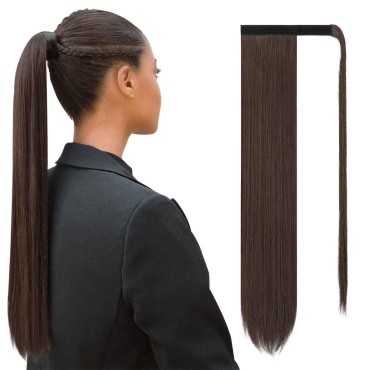 SOFEIYAN Long Straight Ponytail Extension 26 inch Wrap Around Ponytail Synthetic Hair Extensions Clip in Ponytail Hairpiece for Women, Darkest Brown & Light Auburn Mixed