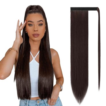 SOFEIYAN Long Straight Ponytail Extension 26 inch Wrap Around Ponytail Synthetic Hair Extensions Clip in Ponytail Hairpiece for Women, Darkest Brown & Dark Auburn Mixed