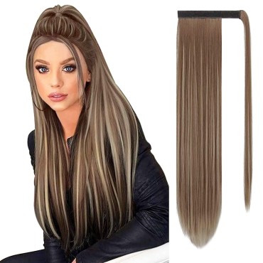 SOFEIYAN Long Straight Ponytail Extension 24 inch Wrap Around Ponytail Synthetic Hair Extensions Clip in Ponytail Hairpiece for Women, Brown & Blonde