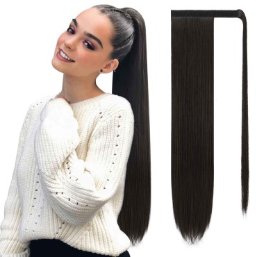 SOFEIYAN Long Straight Ponytail Extension 26 inch Wrap Around Ponytail Synthetic Hair Extensions Clip in Ponytail Hairpiece for Women, Darkest Brown Tend to Black