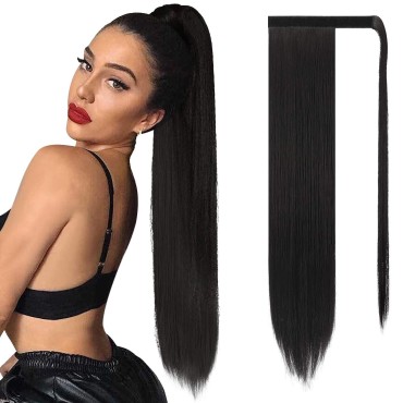 SOFEIYAN Long Straight Ponytail Extension 26 inch Wrap Around Ponytail Synthetic Hair Extensions Clip in Ponytail Hairpiece for Women, Jet Black