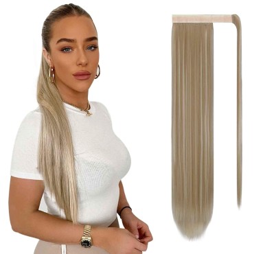 SOFEIYAN Long Straight Ponytail Extension 26 inch Wrap Around Ponytail Synthetic Hair Extensions Clip in Ponytail Hairpiece for Women, Light Ash Brown & Bleach Blonde