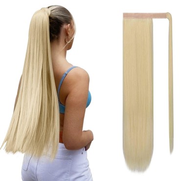 SOFEIYAN Long Straight Ponytail Extension 26 inch Wrap Around Ponytail Synthetic Hair Extensions Clip in Ponytail Hairpiece for Women, Bleach Blonde