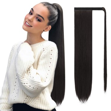 SOFEIYAN Long Straight Ponytail Extension 24 inch Wrap Around Ponytail Synthetic Hair Extensions Clip in Ponytail Hairpiece for Women, Darkest Brown Tend to Black