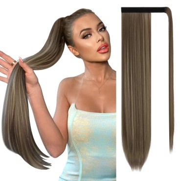 SOFEIYAN Long Straight Ponytail Extension 26 inch Wrap Around Ponytail Synthetic Hair Extensions Clip in Ponytail Hairpiece for Women, Golden Brown & Light Blonde