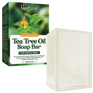 Herblov Tea Tree Oil Soap Bar for Face & Body, 4oz -All Natural Remedy Skin Cleanser - Pure Essential Oil Infused Skincare Cleansing Soap for Dirt & Acne - Tea Tree Face & Body Wash Made in USA