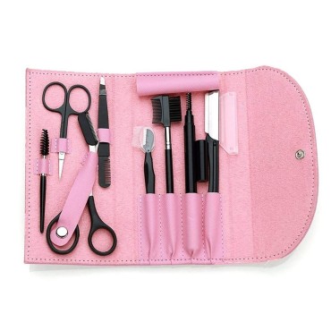 8PCS/SET Eyebrow Shaping Grooming Kit, Eyebrow Scissors, Eyebrow Pencil, Eyebrow Brush Trimmer, Brush, Beauty Tools Set with Leather Bag (pink)