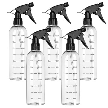 JIUZHU Empty Plastic Spray Bottles (5 pack) for Cleaning Solutions, Hair, Essential Oil, Plants, Refillable Sprayer with Mist and Stream Mode (17 oz)