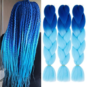 Jumbo Braiding Hair synthetic Ombre Braiding Hair 3 Pack 24 Inch High Temperature Synthetic Crochet Braids Hair Extensions(Blue/Sky Blue)