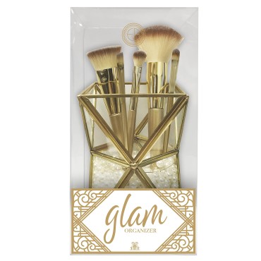 Glam Vintage Style Square Gold Vanity Organizer, Includes Free 5 Piece Brush Set and Decorative Pearls, Set for Makeup Lovers, Scratch-Proof