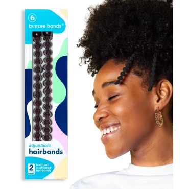 Bunzee Bands Large Hair Band for Thick, Curly, Natural Hair - Cushioned No Damage Hair Ties Ideal For Braids, Pineapple Hair - Afro Puff Ponytail Holder - Adjustable, Extra Stretchy (Black Stripe 2Pk)