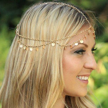 Wekicici Gold Coin Tassel Pendant Head Chain for Women and Girls Disc Layering Headpiece Party Jewelry Exotic Hair Accessories