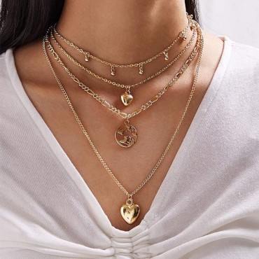 Wekicici Puff Heart Pendant Necklace for Women and Girls Multi Layer Earth Collar Bone Choker Boho Fashion Jewelry for Party