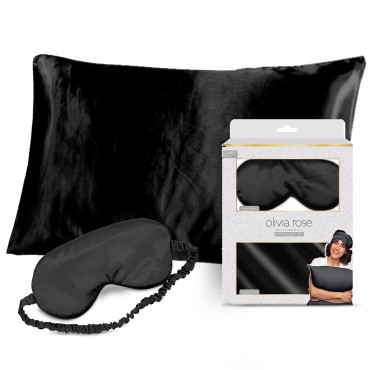 Olivia Rose Satin Pillowcase for Hair and Skin Fiber Natural Satin Silk Pillowcase with Eye Mask Sleep Set Black
