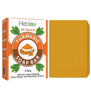 Herblov Turmeric Soap Bar for Face & Body - All Natural Turmeric Skin Detox Soap Bar - Turmeric Face Soap Reduces Acne, Fades Scars & Cleanses Skin - 3.5oz Turmeric Bar Soap for All Skin Types