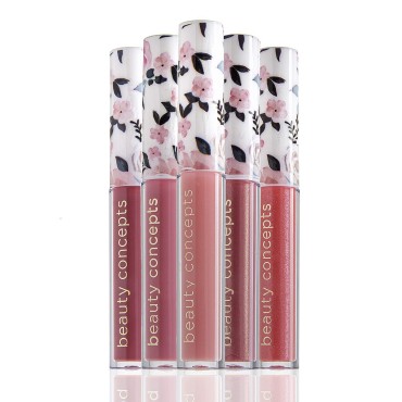 Beauty Concepts Lip Gloss Collection- 5 Piece Lip Gloss Set in Pink Colors, Sage Floral Gift Box