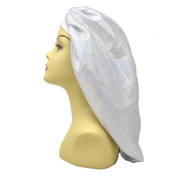 Holographic Extra Jumbo Nightcap Twinkle Deluxe Luxury Wide Band Sleep Cap Bonnet Hat for Hair Silver
